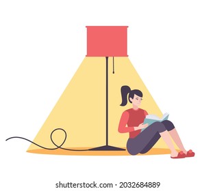 Utility service electricity flat composition with woman reading book under standard lamp vector illustration