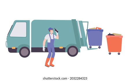 Utility Service Flat Icon With Worker And Truck Collecting Garbage Vector Illustration