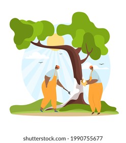 Utility service staff whitewash tree trunk to protect from pest and vermin. Spring preparatory work to World Environment Day. Flat cartoon vector concept web banner design isolated white background