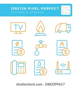 Utility service two color line icons set. Public service bill. Water, gas and electricity. Infrastructure bicolor outline iconset isolated. Duotone pictograms thin linear. Editable stroke