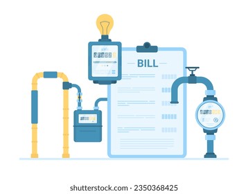 Utility services for household vector illustration. Cartoon gas, water and electric meters to control and measure consumption of resources, home equipment for measurement utility bill for payment