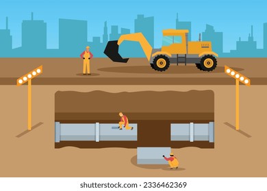 Utility Services Repairing Pipeline Of Sewerage 2d vector illustration concept for banner, website, illustration, landing page, flyer, etc