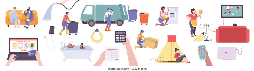 Utility services set with flat icons of community facilities infrastructure elements human characters and payment bills vector illustration