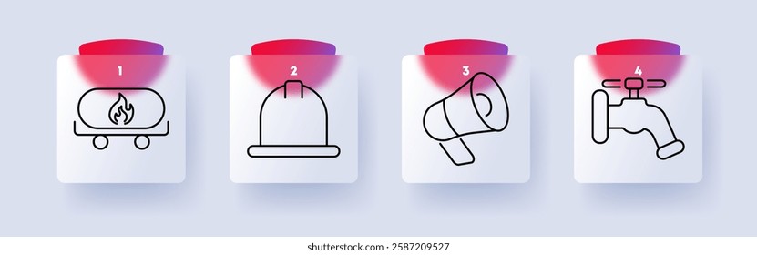 Utility set icon. Gas tank, notification bell, megaphone, water tap, energy supply, emergency alert, communication, utilities, water system, gas storage