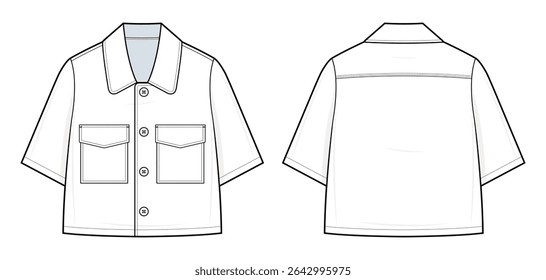 Utility Short-Sleeve Shirt Technical Fashion Illustration. Boxy Button-Up Shirt Vector Template. Front Flap Pockets. Cropped Length. Relaxed Fit. Front and Back View. Shirt CAD Mockup set.