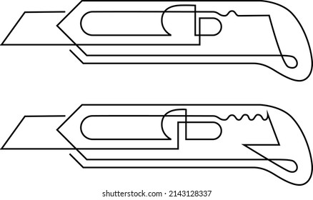 utility stationery knife with a retractable replaceable blade, illustration. Vector continuous line drawing, isolated on white background.