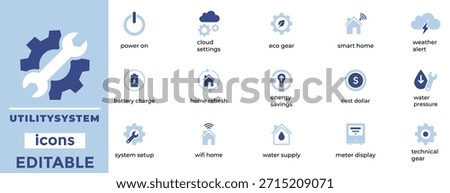 Utility System Icons Pack Smart Home Energy Settings Battery Charge Water Supply Meter Weather Editable Vectors