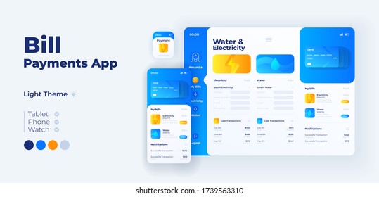 Utility taxes payment app screen vector adaptive design template. Water and electricity invoices application day mode interface with flat characters. Smartphone, tablet, smart watch cartoon UI