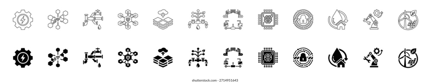 Utility Technology Icons Set Smart Grid, AI, Automation, Energy and Infrastructure Line Vectors