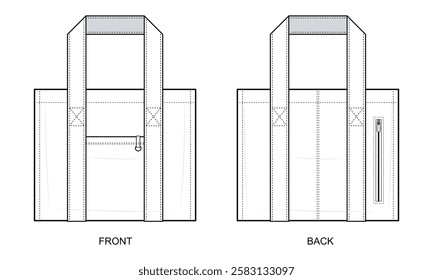 Utility Tote Bag Technical Fashion Illustration. Structured Shopper Bag Vector Template. Front and Back View. Reinforced Handles. Zippered Exterior Pockets. Functional Design. CAD Mockup.