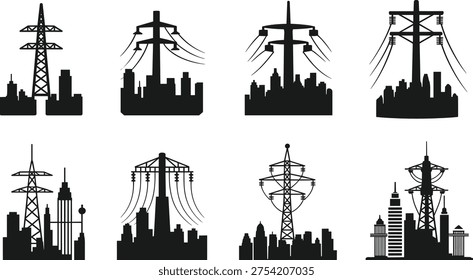 Utility tower silhouettes, electrical infrastructure, urban skyline, power line illustration, industrial artwork, cityscape design, energy distribution, lattice pylon, monopole structure, grid system