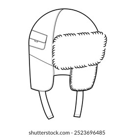 Utility Trapper Hat. Winter Head Fashion accessory cap with pocket and fur clothing technical illustration. Vector headgear for Men, women style, flat template CAD mockup sketch outline isolated