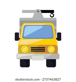Utility truck vector illustration, utility truck icon, flat illustration of yellow utility truck with crane, truck clip art, isolated on white background
