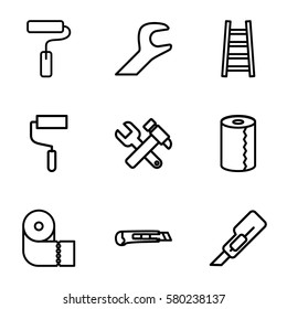 utility vector icons. Set of 9 utility outline icons such as paper towel, cutter, hummer and wrench, roller, ladder, wrench