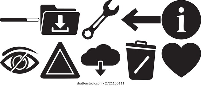 Iconos de vector de utilidad que muestran el progreso de la Descarga carpeta de almacenamiento llave de reparación flecha hacia atrás info círculo ojo oculto precaución triángulo nube Descarga papelera y forma favorita del corazón