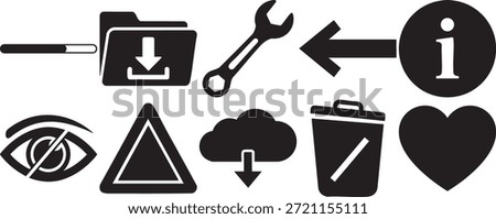 Utility vector icons showing download progress folder storage repair wrench back arrow info circle hidden eye caution triangle cloud download garbage bin and heart favorite shape