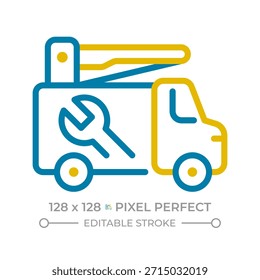 Utility vehicle pixel perfect two color line icon. Maintenance services, roadside assistance. Repair transport bicolor outline symbol. Duotone linear pictogram. Isolated illustration. Editable stroke