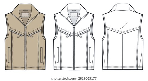 Utility Vest Fashion Flat Technical Drawing Template, front and back views, stand collar, zip pockets, diagonal seaming, welt side pockets. Outerwear CAD mockup.