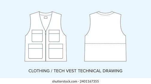 Utility Vest Technical Drawing, Apparel Blueprint for Fashion Designers. Detailed Editable Vector Illustration, Black and White Utility Clothing Schematics, Isolated Background