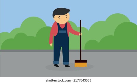 Utility Worker With A Broom On The Street