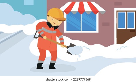 Arbeiter putzt Schnee mit Schaufel auf der Straße