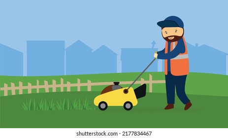 Utility Worker Mows Grass Lawn