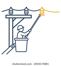 Utility worker performing electrical line maintenance in bucket truck with maintenance, electrical