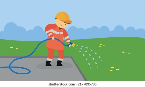 Utility Worker Watering The Grassy Lawn