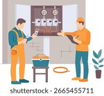 Utility workers inspecting electricity meters concept, foreman performing routine check vector design, Electrician Profession banner Low High Voltage Power Supply scene Handyman Repairman illustration