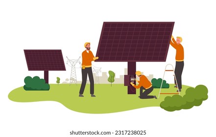 Utility workers install solar panels. Solar power plant maintenance, sustainable green energy and electrical power lines vector illustration. Male characters fixing equipment outdoor