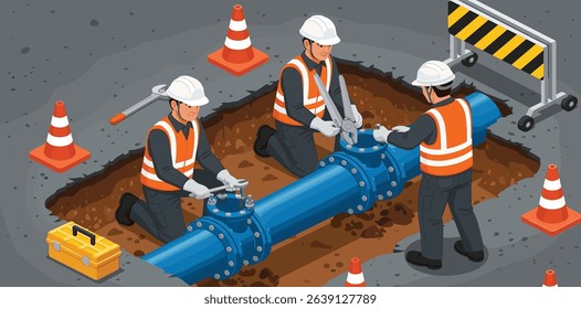 Utility workers performing maintenance on underground water pipeline beneath city road with safety cones and tools isometric cartoon