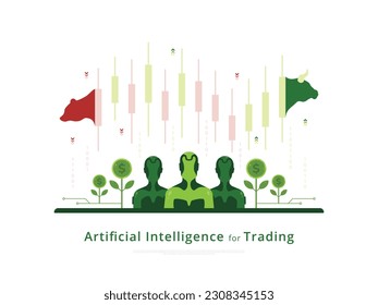 Utilization of artificial intelligence in the stock market which is shown by a candlestick chart with bull and bear faces to represent the bearish market and bullish market