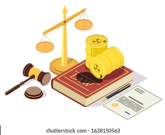 Utilization Law Vector Flat Isometric Illustration. Legal Symbols Law Book And Barrel With Radioactive Wastes, Scales Of Justice, Judge Gavel. Nuclear Waste Utilization And Environmental Conservation.