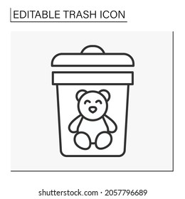  Icono de línea de uso. Clasificación de desechos. Ponga el oso de peluche en la papelera. Concepto de ecología.basura. Ilustración vectorial aislada. Trazo editable