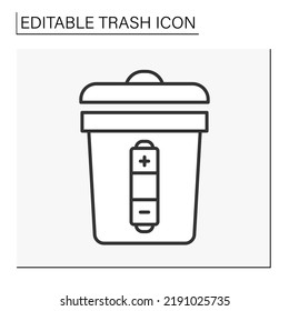  Utilization line icon. Waste sorting. Put the recharger battery into the bin. Power generator. Ecology.Trash concept. Isolated vector illustration. Editable stroke