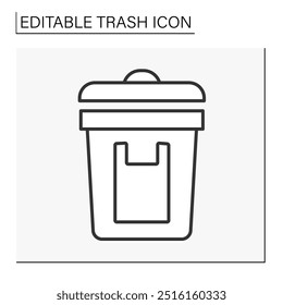  Utilization line icon. Waste sorting. Put plastic packing into the bin. Ecology.Trash concept. Isolated vector illustration. Editable stroke