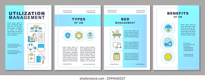 Utilization management blue brochure template. Medical care improvement. Safe healthcare for patients. Leaflet design with linear icons. Editable 4 vector layouts