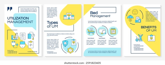 Utilization management blue and yellow brochure template. Medical care improvement. Safe healthcare. Leaflet design with linear icons. Editable 4 vector layouts