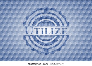 Utilize blue emblem or badge with abstract geometric pattern background.