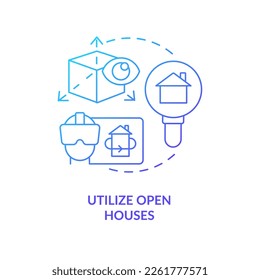 Utilice el icono de concepto de degradado azul de casas abiertas. Revisión de propiedades. Tecnología inmobiliaria. Ilustración de línea delgada de idea abstracta de compra de casa. Dibujo de contorno aislado. Se usa una fuente Myriad Pro-Bold