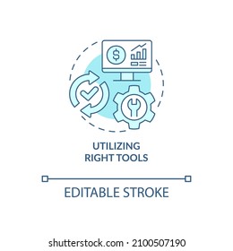 Utilizing right tools turquoise concept icon. Computer program for budgeting abstract idea thin line illustration. Isolated outline drawing. Editable stroke. Roboto-Medium, Myriad Pro-Bold fonts used
