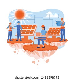 Utilizing sunlight for the green industry. Engineers, workers, and technicians perform maintenance on solar panels. Solar energy panels concept. Flat vector illustration.