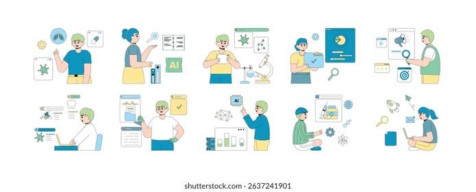 Utilizing technology to research various fields of life, vector illustration.