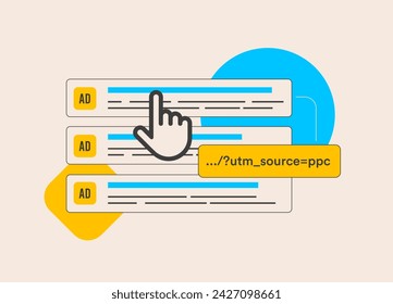 UTM code - Urchin Tracking Module. URL parameters end helps track content and social media campaign performance. UTM code outline vector isolated illustration on white background with icons