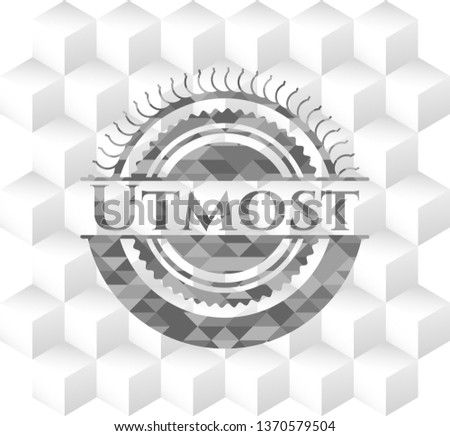 Utmost grey badge with geometric cube white background