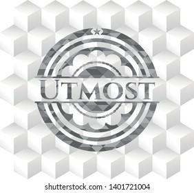 Utmost realistic grey emblem with cube white background