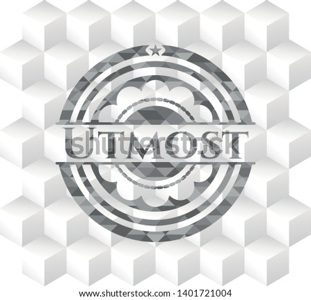 Utmost realistic grey emblem with cube white background