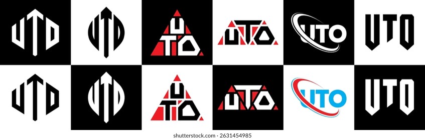 UTO letter logo design in six style. UTO polygon, circle, triangle, hexagon, flat and simple style with black and white color variation letter logo set in one artboard. UTO minimalist and classic logo