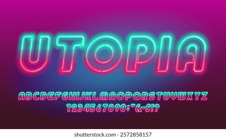 Utopia alphabet font. Two color neon retro letters and numbers. Stock vector typeface for your design.