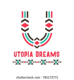 Utopia Dreams Logo. A Good Place Of Ideal Perfection, Imagined Community Or Society, Name Of An Imaginary Country, U Letter In Ethnic Original Design. Vector Illustration